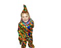 Six year old funny cute dancing boy in the clown suit. , on white background. Full-height portret