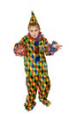Six year old funny cute dancing boy in the clown suit. Without wig and makeup. Full-height portrait