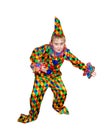 Six year old funny cute dancing boy in the clown suit. Without wig and makeup. Portert growth.. Isolated, on white background Royalty Free Stock Photo