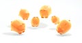 Six Yellow Ceramic Pigs in the Shape of Money Boxes for Coins on Soft White Studio Background.