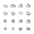 Sixteen black outline weather icons