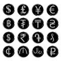 Sixteen black and white grunge icons with images of modern currency symbols of various countries, for exchange offices