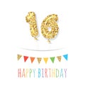 Sixteen cute birthday card template. Gold glitter balloon numbers 16. Vector