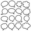 Sixteen empty speech and thought bubbles, outlined in black on a white background, in various shapes Royalty Free Stock Photo