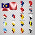 Sixteen flags the States of Malaysia - alphabetical order with name. Set of 3d geolocation signs like flags States of Malaysia.