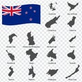 Sixteen Maps Regions of New Zealand - alphabetical order with name. Every single map of Region New Zealand