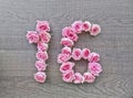 16, sixteen - vintage number of pink roses on the background of dark wood