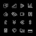 Sixteen white outline bank icons isolated on black