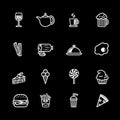 Sixteen white outline food and drink icon set