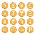 Sixteen yellow-gray grunge icons with white images of modern currency symbols of various countries, for exchange offices