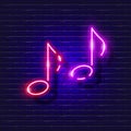 Sixteenth notes neon icon. Music glowing sign. Music concept. Vector illustration for Sound recording studio design, advertising, Royalty Free Stock Photo