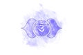 Sixth chakra of Ajna, Third eye chakra logo template in watercolor style. Purple mandala. Sacral sign meditation, yoga icon