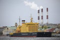 Icebreaker Captain Sorokin on the background of urban development. Big Neva, May 2019