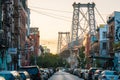 Sixth Street and the Williamsburg Bridge at sunset, in Brooklyn, New York City Royalty Free Stock Photo