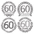 Sixtieth anniversary emblems set. Patterned celebration signs in vintage style