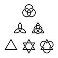 Six Trinity symbols, formed by triangles, triquetras, and circles