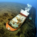 A Large Boat sunken on the ocean floor. Generative AI.