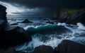 A sizable body of water with a cliff in the distance, waves slamming against the rocks.