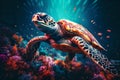 A sizable sea turtle gracefully glides through the water