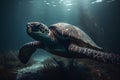 A sizable sea turtle gracefully moves through the ocean depths