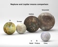 Size comparison between Jupiter and Neptune moons with captions