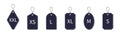 Size label. Cloth label of size. Tag of xl, s, xxl, l, m, xs, xxxl. Icon for large, small fabric of garment, shirt, dress. Set of