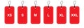 Size label tag in red. Isolated clothing size on white background. Smal, medium and large shopping tag. Dashed label collection.