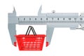 Size of market basket or purchasing power concept. Vernier caliper with shopping basket, 3D rendering