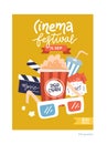 A4 size Movie poster. Cinema placard flat design template with film symbols - tape, stereo glasses, popcorn, clapperboards. Flat