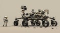 The size of the rover is put into perspective as a small astronaut stands beside it their figure ly reaching its wheels