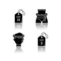 Size tags and measurements drop shadow black glyph icons set. Head and waist circumference, small and medium labels