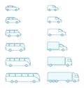 The size of the transport icon set. Compact standard long. Transportation of passengers buses and cargo trucks. From