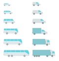The size of the transport icons. Compact standard long. Transportation of passengers buses and cargo trucks. From small to large.