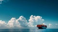 A sizeable cargo ship carrying containers navigates the vast expanse of the ocean