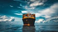 A sizeable cargo ship carrying containers navigates the vast expanse of the ocean