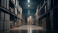 A sizeable clean warehouse with shelves and boxes. Generative AI. Royalty Free Stock Photo