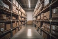 A sizeable clean warehouse with shelves and cardboard boxes. AI generative Royalty Free Stock Photo