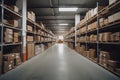 A sizeable clean warehouse with shelves and cardboard boxes. AI generative Royalty Free Stock Photo
