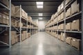 A sizeable clean warehouse with shelves and cardboard boxes. AI generative Royalty Free Stock Photo