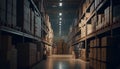 A sizeable clean warehouse with shelves and cardboard boxe. Generative AI. Royalty Free Stock Photo