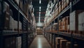 A sizeable clean warehouse with shelves and cardboard boxe. Generative AI. Royalty Free Stock Photo