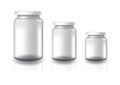 3 sizes of blank clear round jar with white flat lid for supplements or food product.