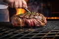 sizzle of a thick-cut steak as hand sets it on grill