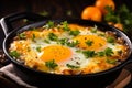 Sizzling Bacon and Eggs in Rustic Cast Iron Skillet on Wooden Table in Cozy Kitchen Royalty Free Stock Photo