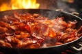 Sizzling Bacon in Skillet Over Open Flame.generative ai