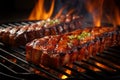 Sizzling barbecue ribs on a grill, closeup of deliciousness Royalty Free Stock Photo