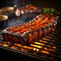 Sizzling barbecue ribs on a grill, closeup of deliciousness Royalty Free Stock Photo