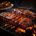 Sizzling barbecue ribs on a grill, closeup of deliciousness Royalty Free Stock Photo