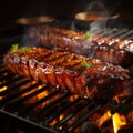 Sizzling barbecue ribs on a grill, closeup of deliciousness Royalty Free Stock Photo