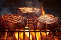 Sizzling BBQ Delights Succulent Meat Grilling on the Barbecue Grill, Creating Irresistible Flavors. created with Generative AI